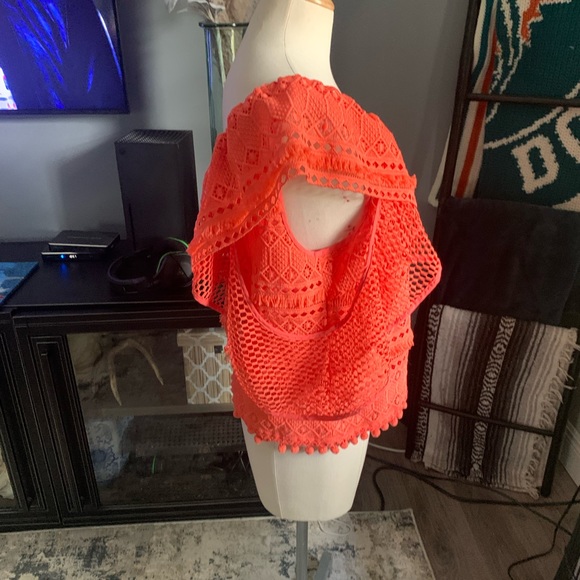 SAYLOR Bess fringe pom pom embroidered ruffle eyelet coral one shoulder - Picture 5 of 12